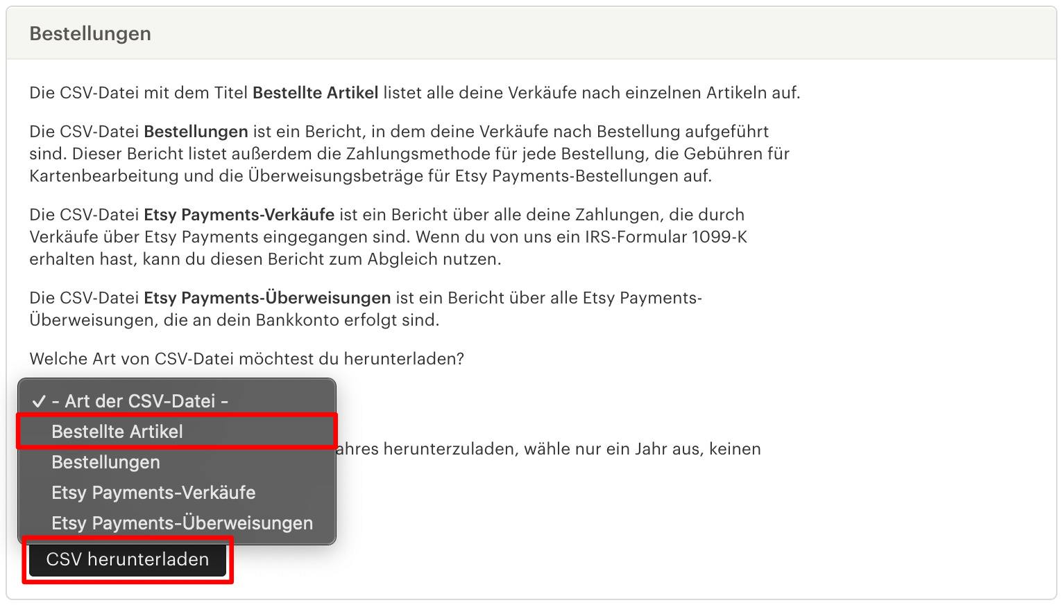 Etsy – Bestellpositionen Export, Schritt 1